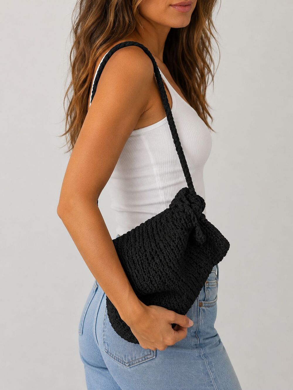 The Sak Black 100% Nylon Hand Crocheted Bucket Bag Drawstring Shoulder Purse Y2K